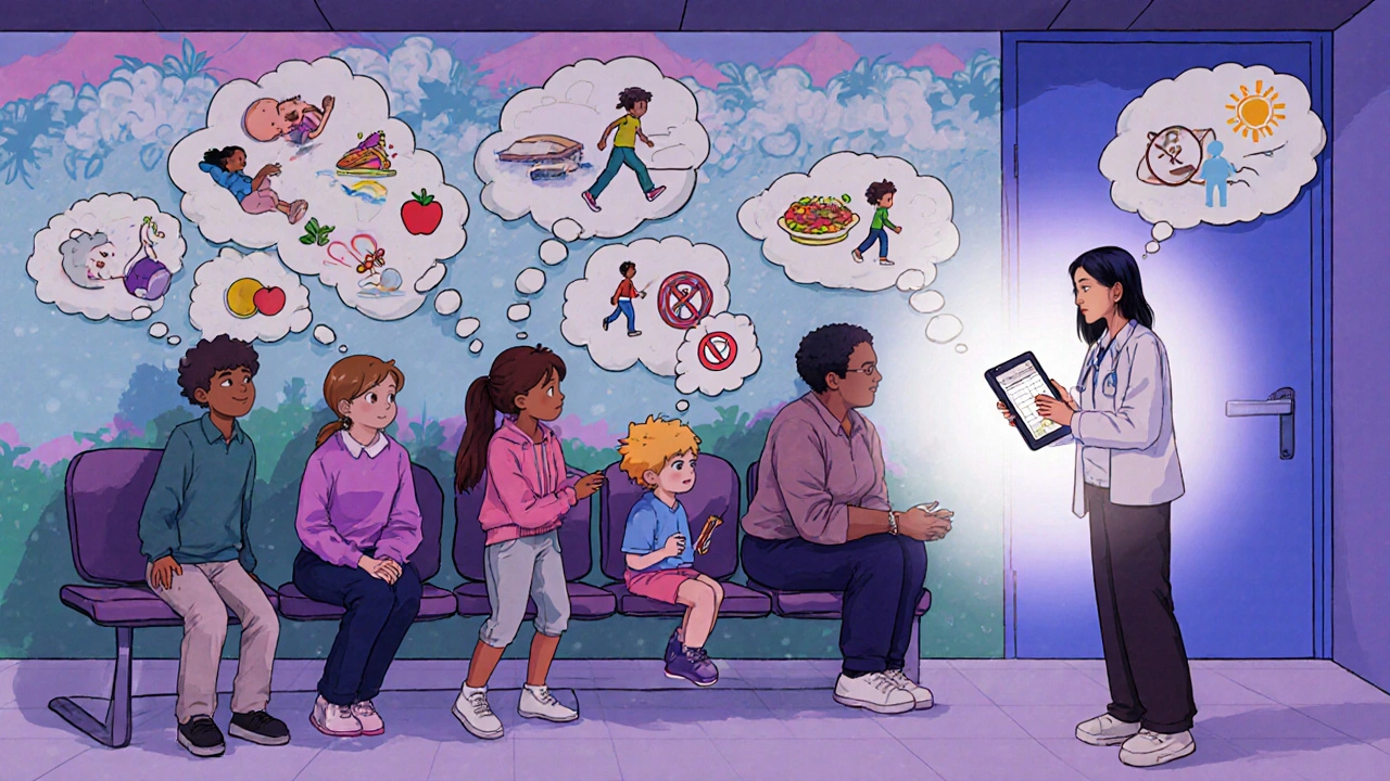 Children and parents in a clinic create a mural of healthy activities while a coach guides them with a tablet.