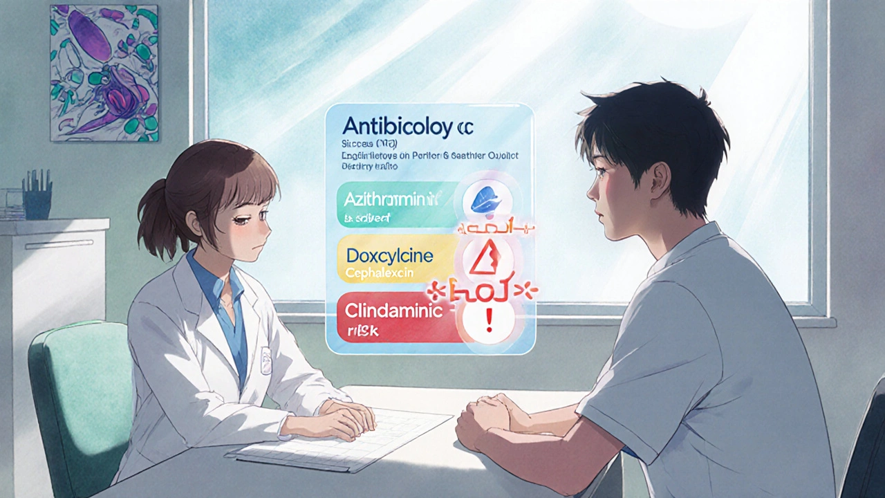 Doctor and patient reviewing antibiotic options on a glowing comparison chart with risk warnings.