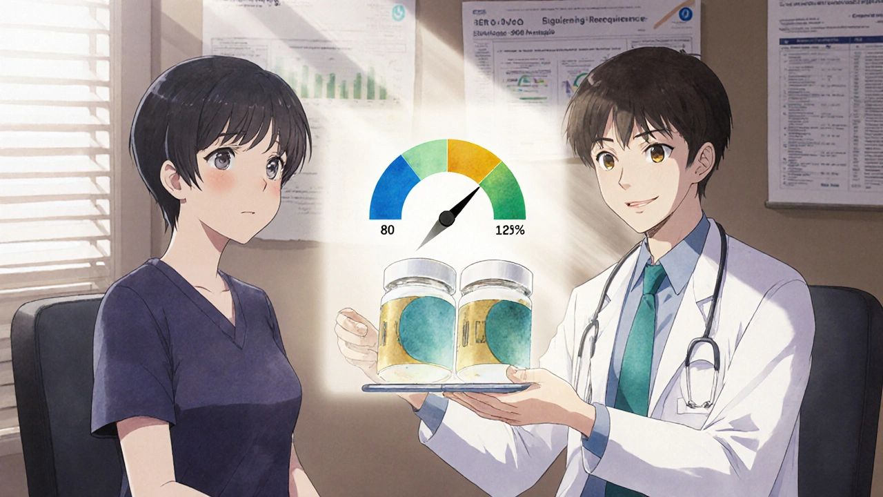 Doctor explaining bioequivalence with a glowing scale between brand and generic pills in a sunlit consultation room.