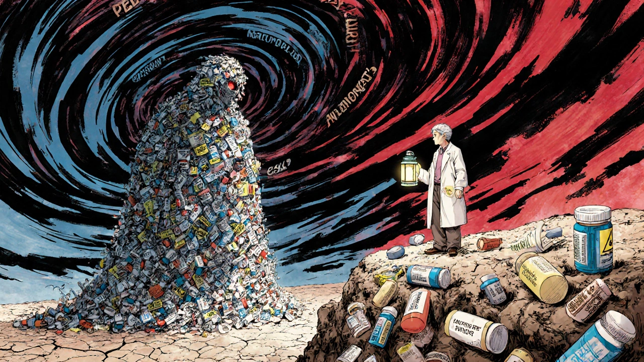 Elderly patient facing a shadowy anticholinergic monster, holding a lantern labeled &#039;Ask Your Doctor.&#039;