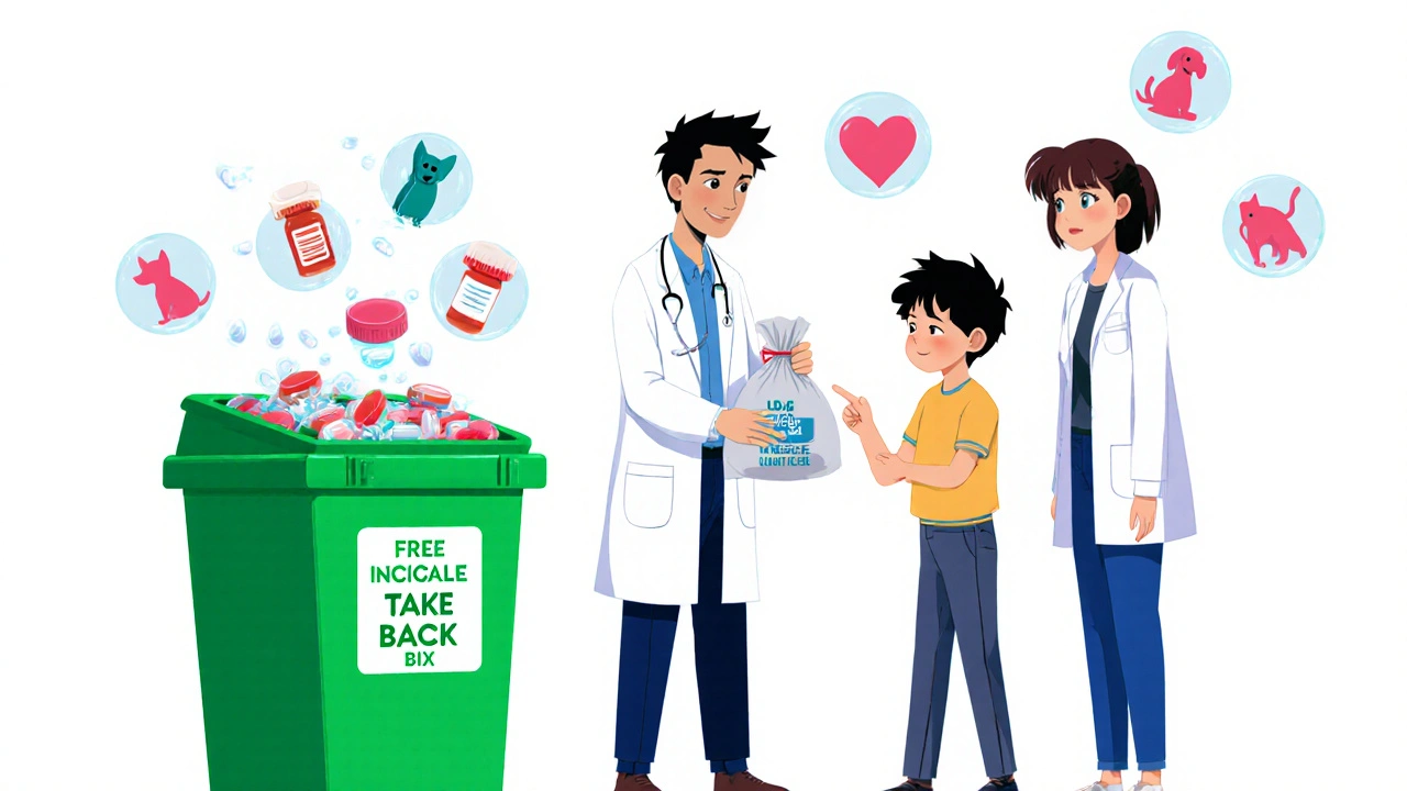 Family dropping expired meds at pharmacy counter beside a national take-back bin.