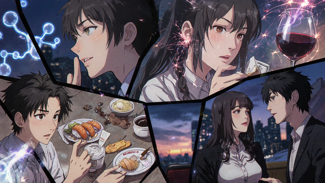 Fragmented scenes of daily struggles with MAOI dietary restrictions in anime style.