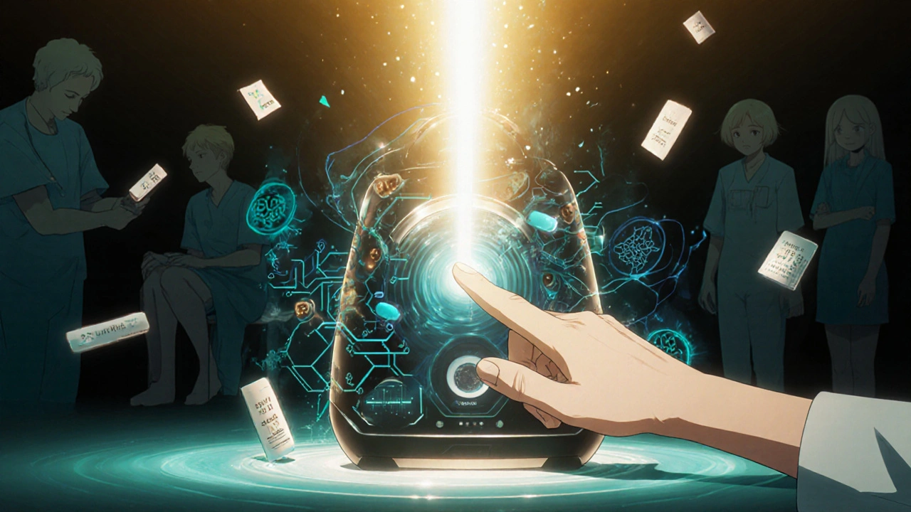 Futuristic finger-prick device projecting hologram of immune and drug data.