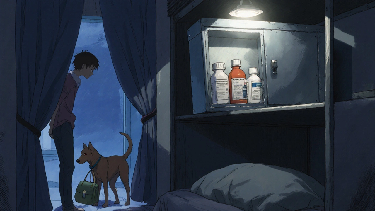 Locked medicine storage box in bedroom closet, with dog sniffing a purse and teen watching nearby.