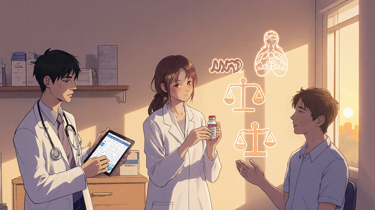 Medical team supporting a patient during benzodiazepine tapering, with calming CBT symbols and warm lighting in a clinic setting.