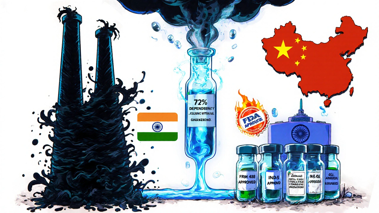Medicine pipeline flowing from China to India, with dependency bottleneck and FDA compliance symbols floating above.