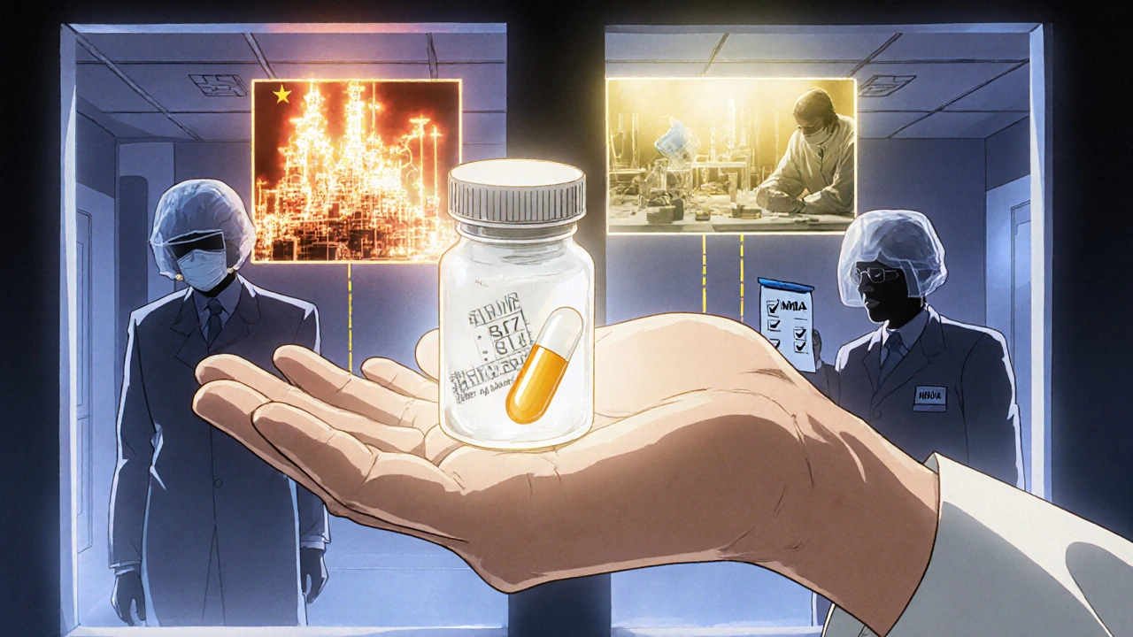 Patient holding pill with transparent journey showing API origin in China and final formulation in India, FDA inspectors watching.