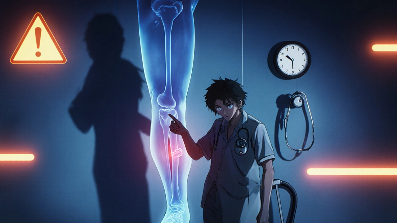 Patient pointing to one swollen leg with blood clot X-ray overlay in doctor&#039;s office