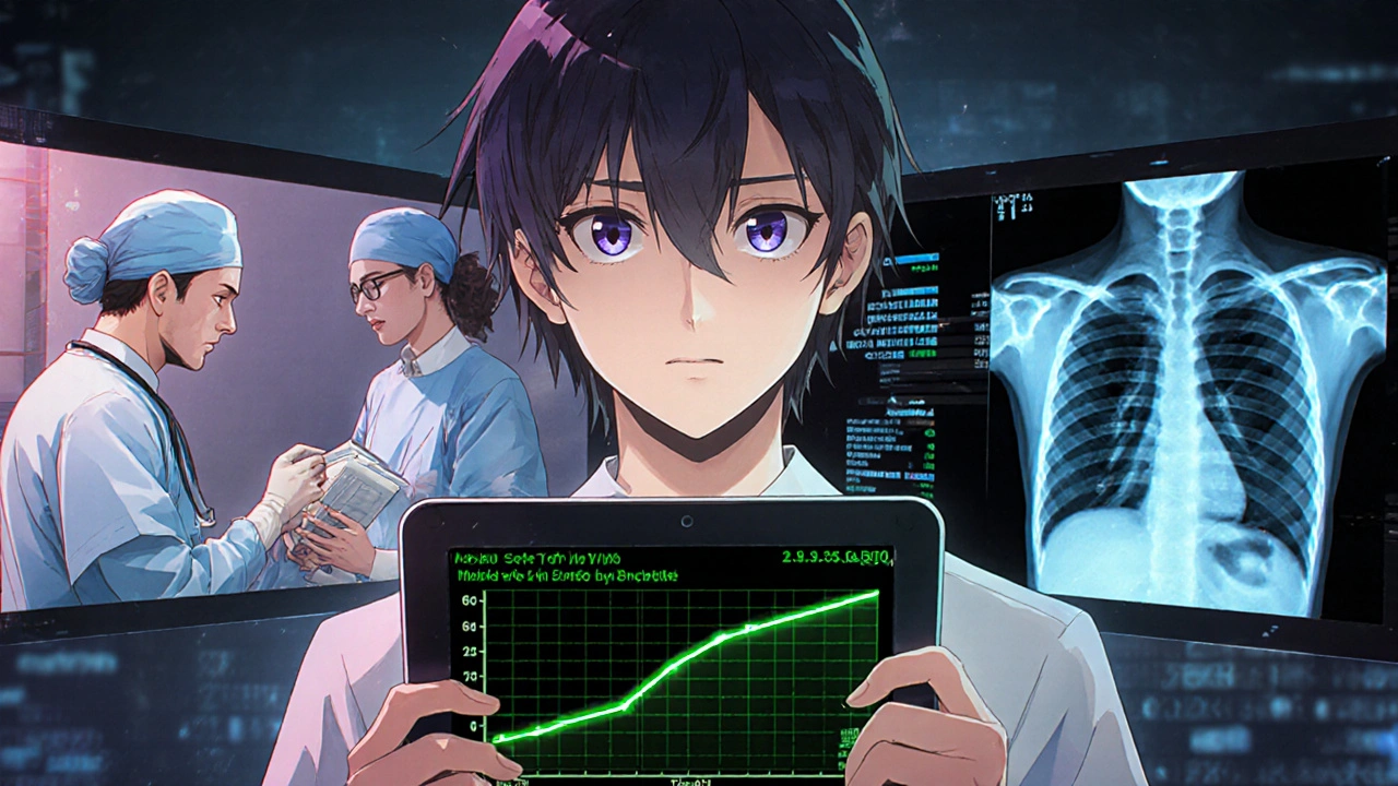 Patient viewing TTV graph with medical scans in background, showing immune balance.