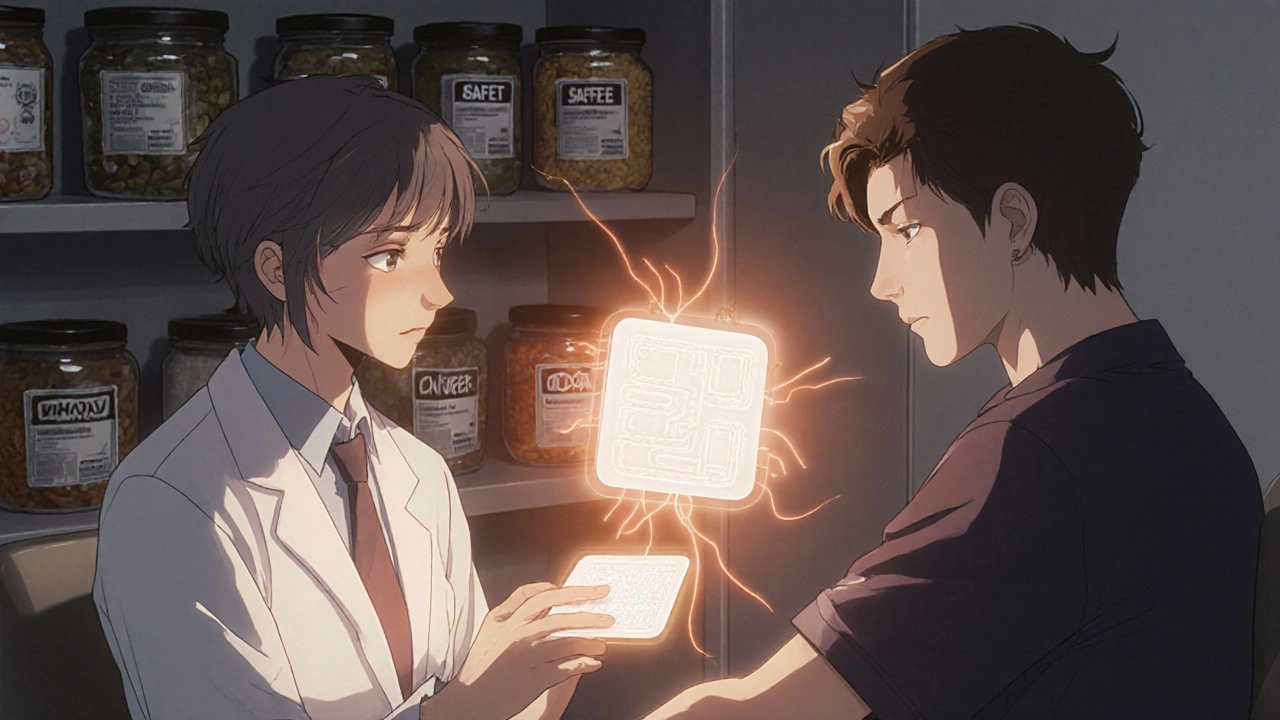 Patient with MAOI patch in therapy room, glowing enzyme visualization between them and psychiatrist.