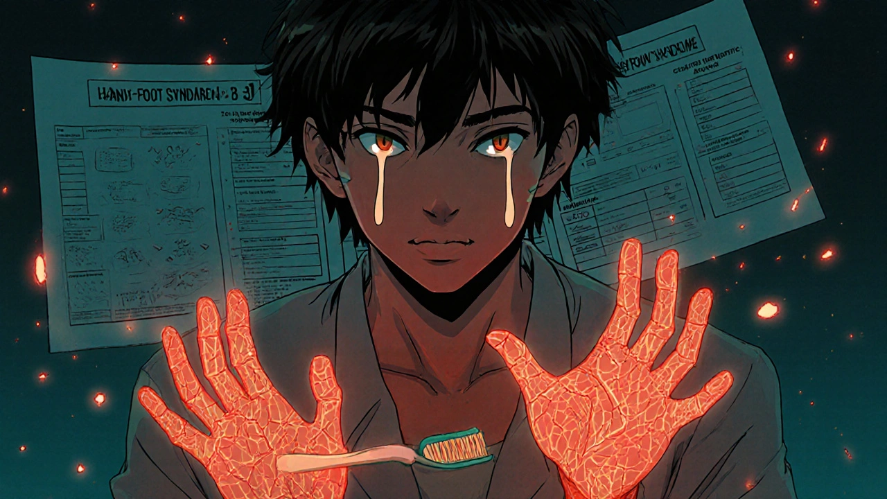 Patient with red, cracked hands and feet struggling to hold a toothbrush