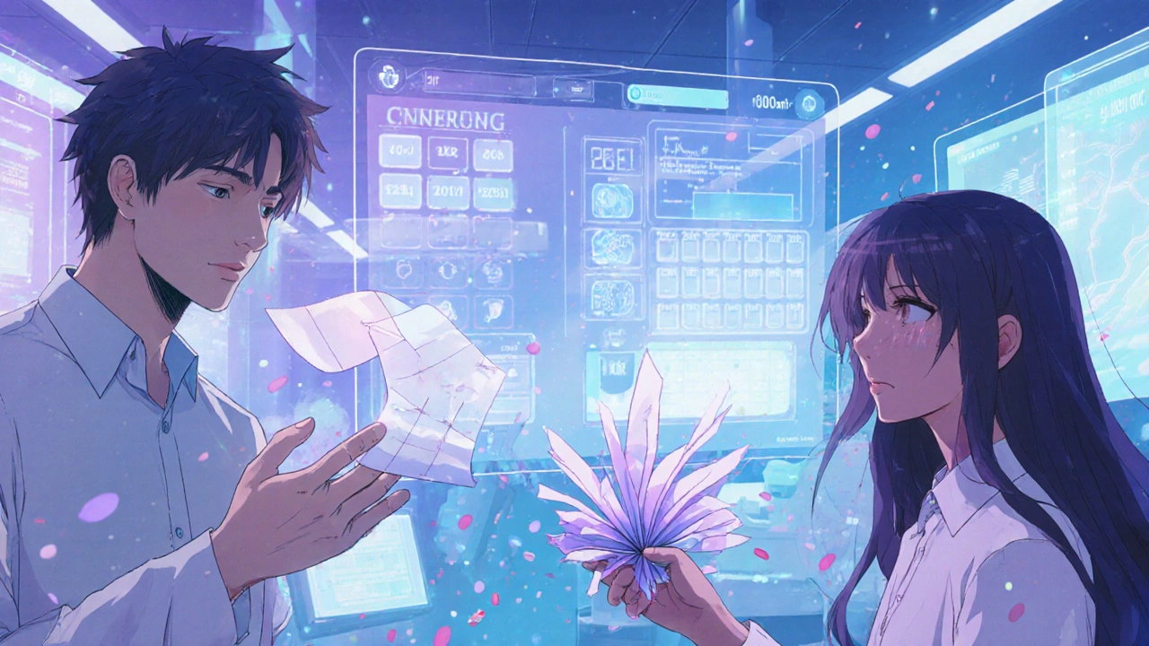 Patients in a digital health space with personalized AI-generated taper schedules displayed holographically.