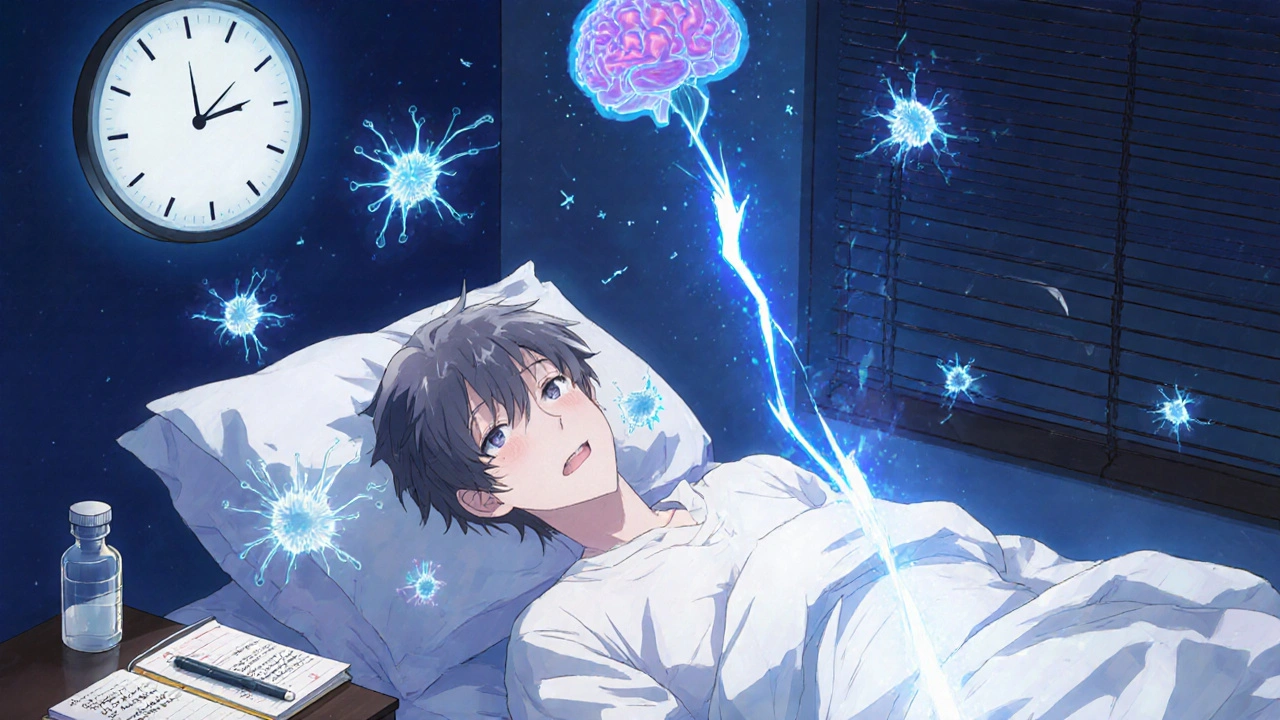 Person at night experiencing withdrawal symptoms with glowing brain zaps and a mood journal nearby.