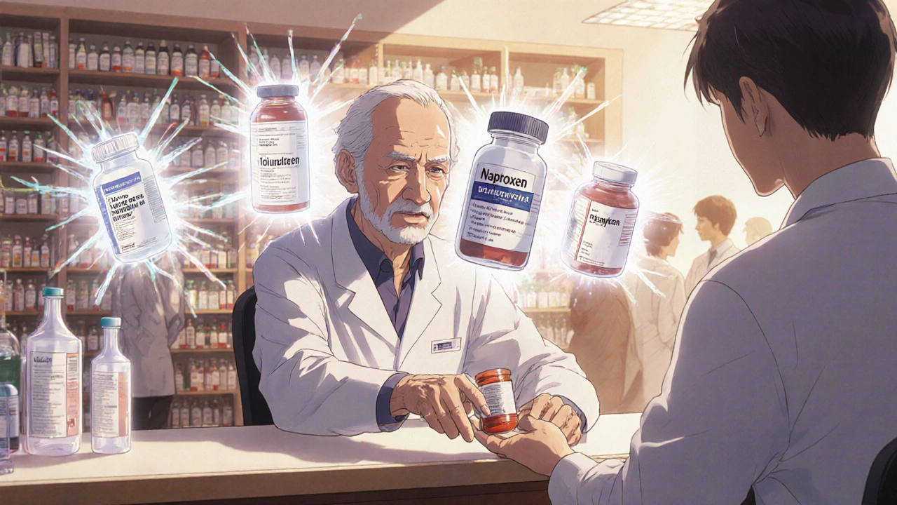 Pharmacist handing a safe medication to an elderly man as duplicate pills shatter behind him.