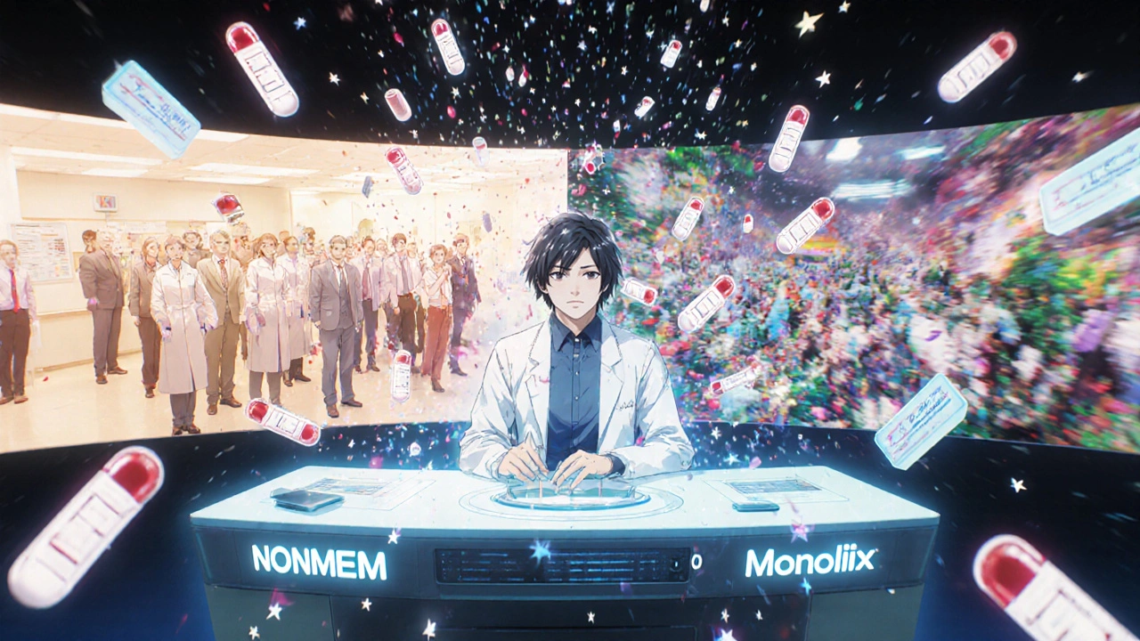 Pharmacometrician working with holographic drug data models against clinical scene contrasts.