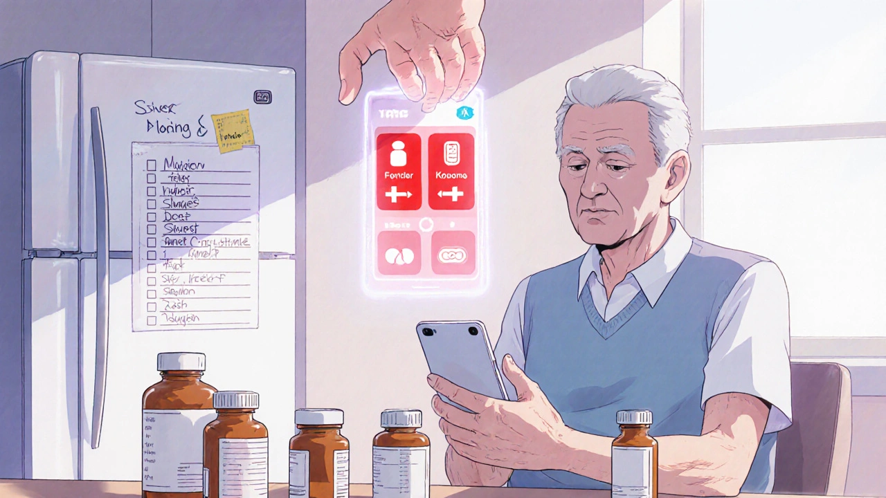 Senior at kitchen table with pill bottles and phone showing a medication app with highlighted duplicates.