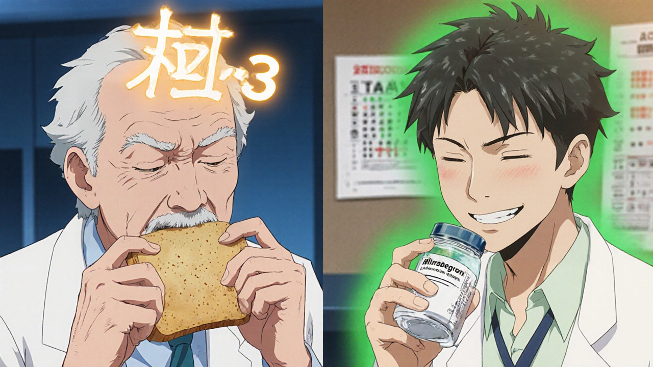 Senior man with dry mouth on left, relieved with safer medication on right, ACB score glowing above.