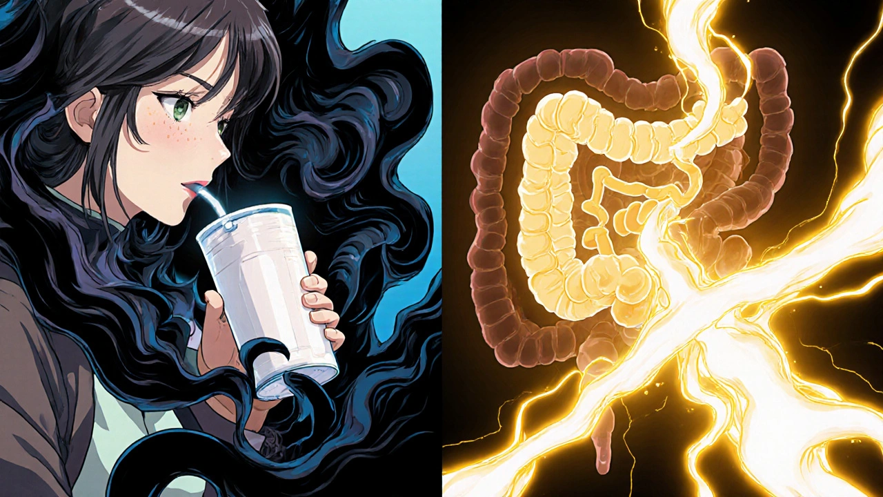 Split scene: protein shake blocking thyroid medication vs. proper timing allowing full absorption.