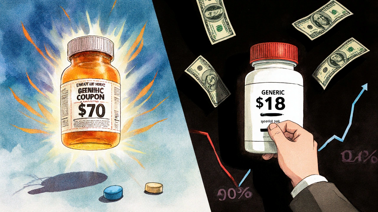 Split scene showing a brand-name drug coupon redirecting costs to insurance versus a cheap generic alternative.