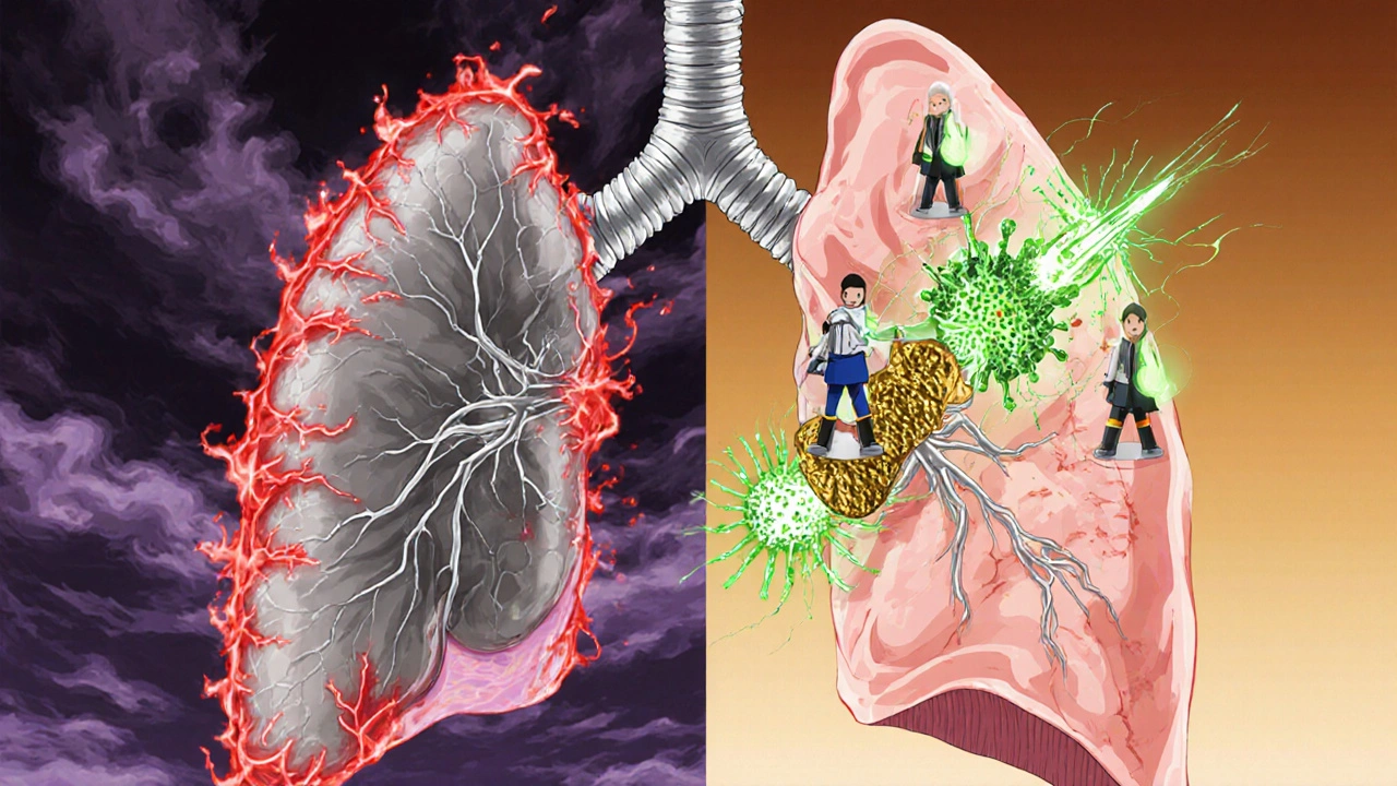 Split view: damaged lungs vs. healed lungs, with calcitriol energy suppressing inflammation and protecting air sacs.