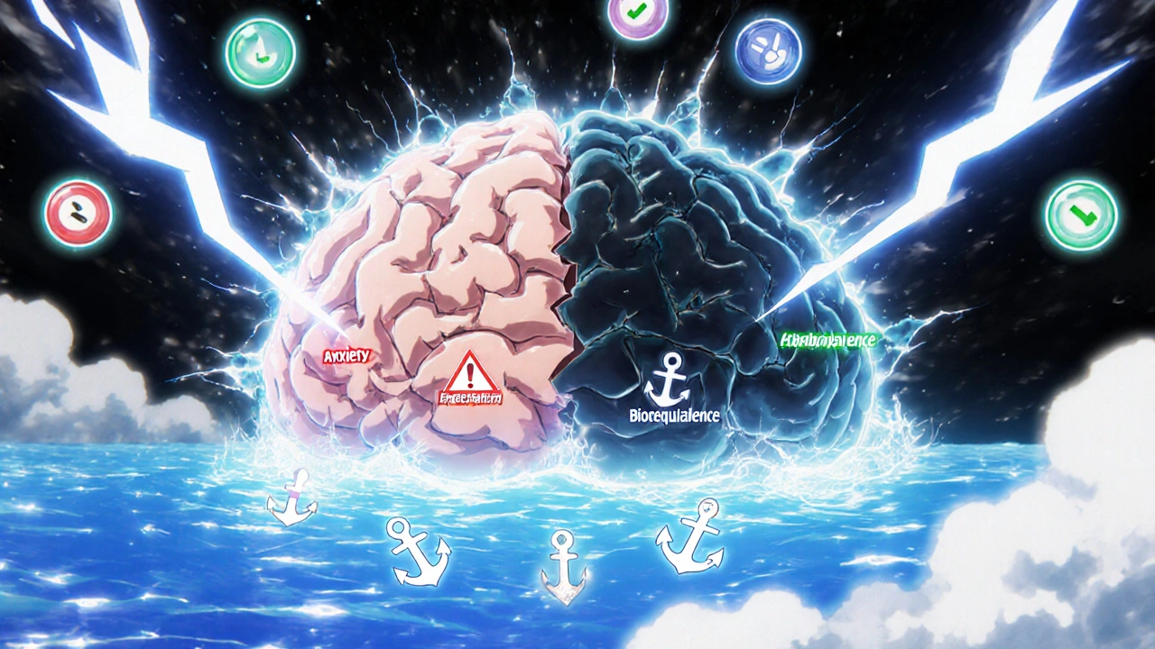 Surreal brain landscape with chaotic anxiety on one side and calm bioequivalence on the other, illustrated in anime style.