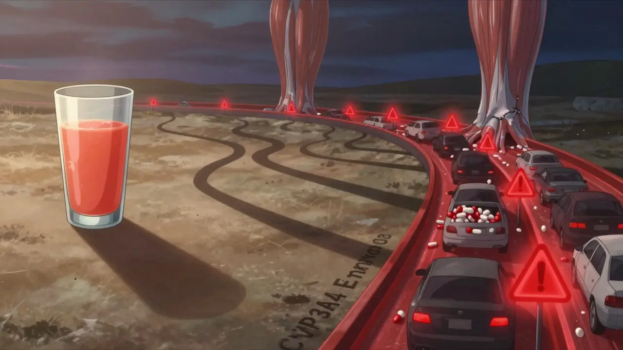 24-hour timeline showing grapefruit juice blocking enzyme pathway with accumulating statin molecules.