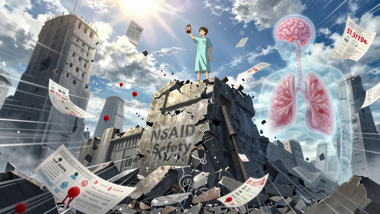 A crumbling fortress of myths about NSAIDs collapsing as data rains down, with Tylenol as the only safe choice.