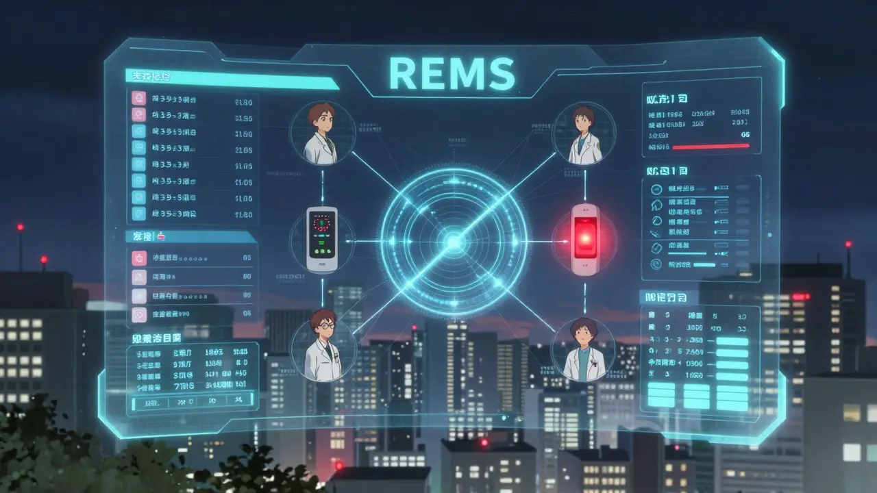 A futuristic REMS Dashboard displays real-time patient data streams connecting healthcare providers across a city skyline.