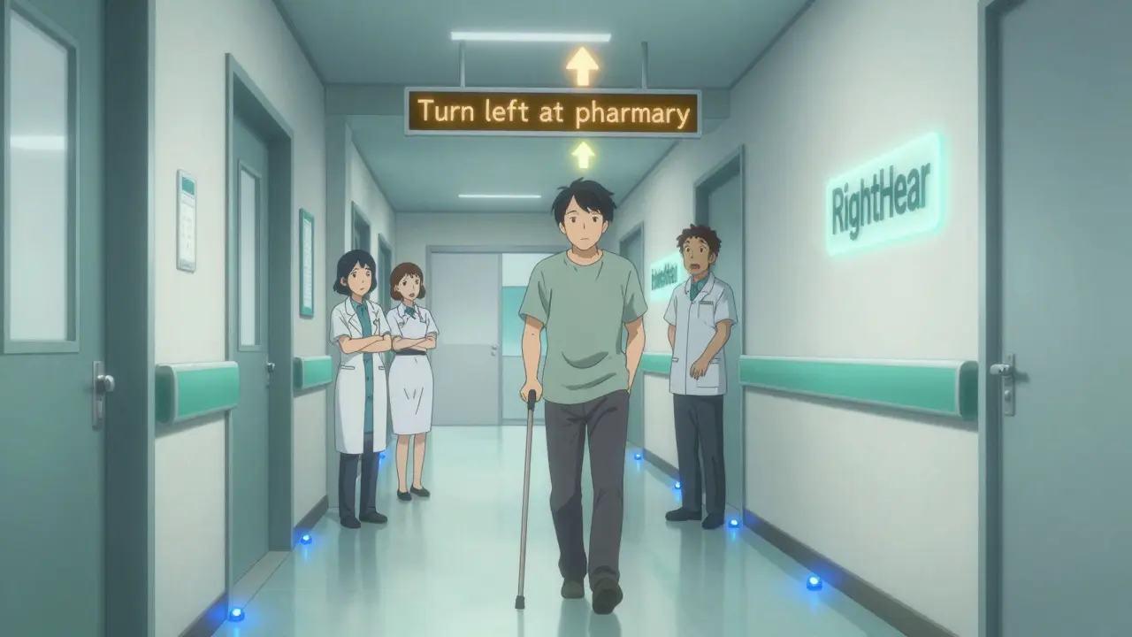 A patient navigating a hospital hallway with voice directions appearing as animated glyphs, guided by invisible Bluetooth beacons.