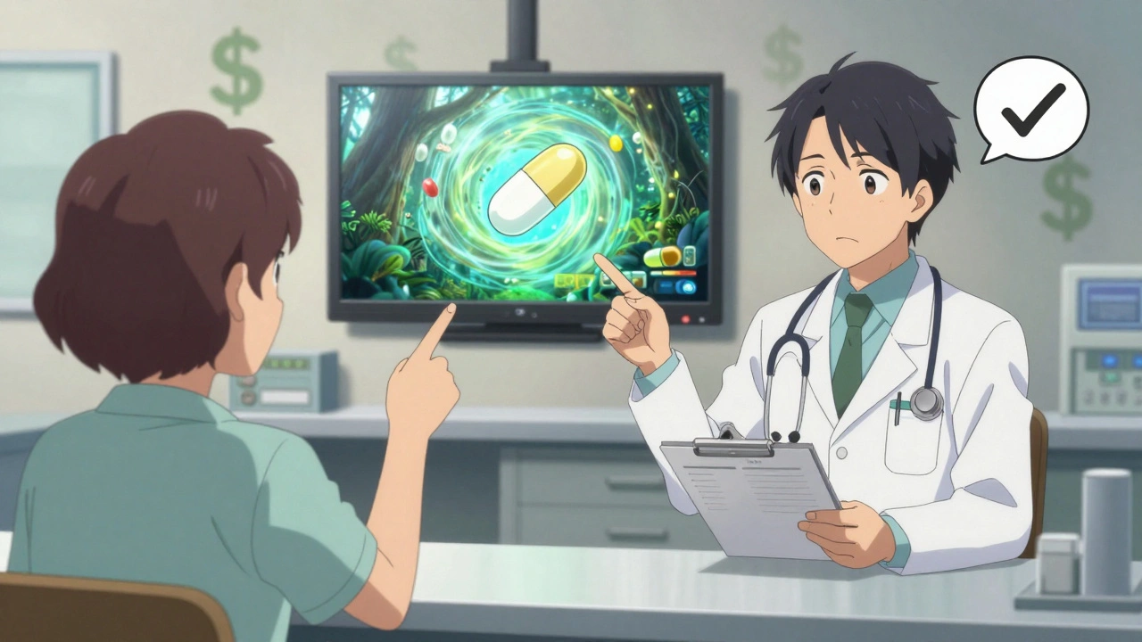 A patient points at a TV drug ad as a weary doctor holds a prescription pad.