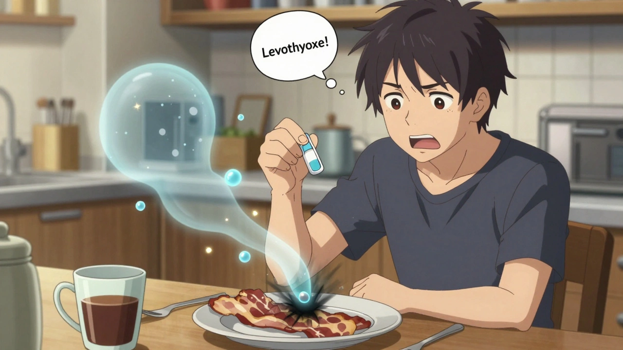 A patient taking medication with breakfast as ghostly drug molecules are blocked by food particles.