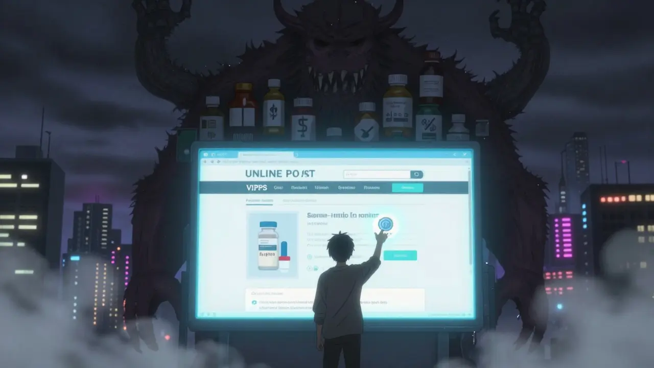 A person facing a fake pharmacy website as a monstrous pile of pills looms behind them.