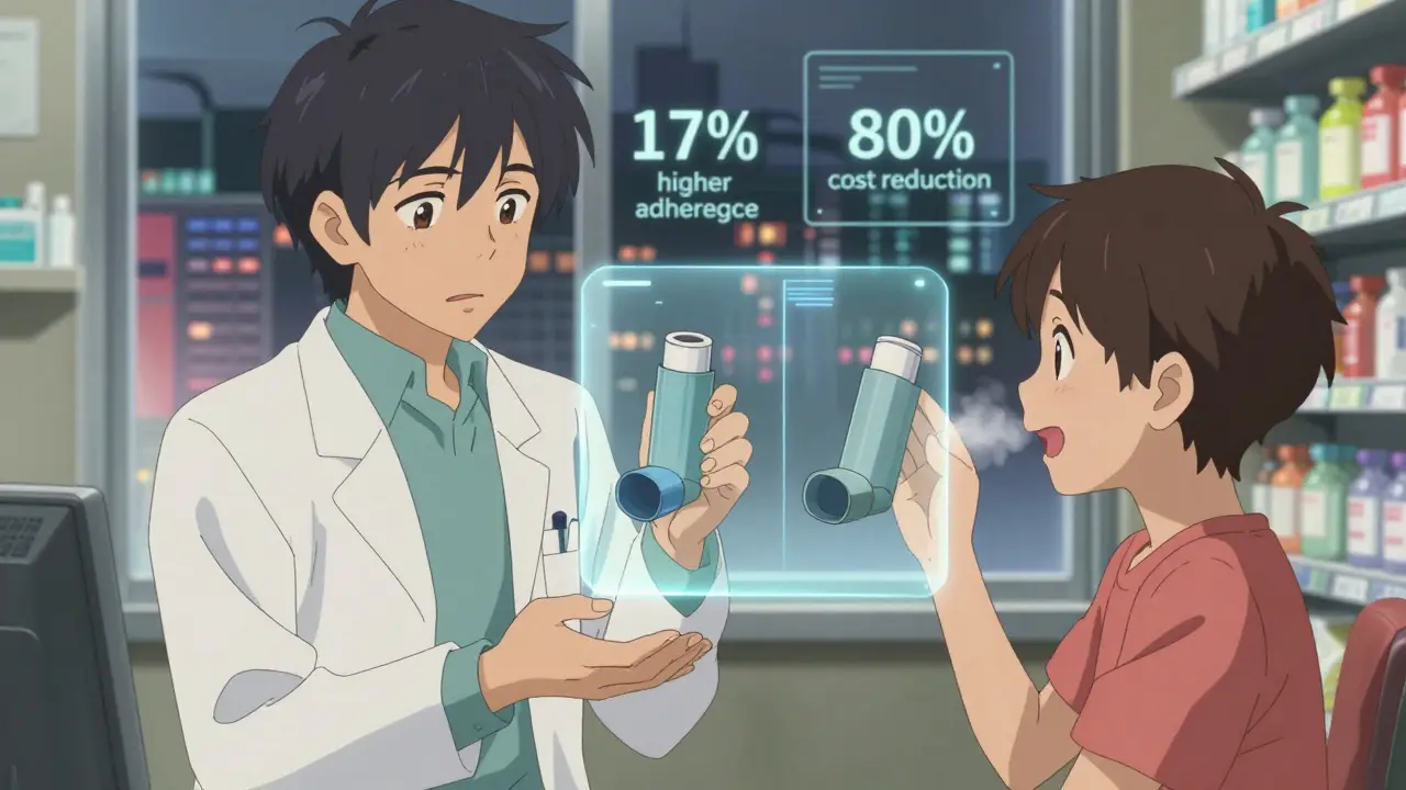 A pharmacist demonstrates two generic inhalers with floating diagrams as a patient learns proper use.