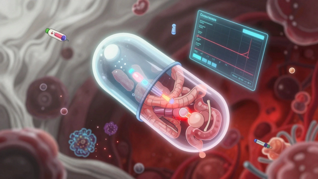 A smart capsule transmitting data through an inflamed intestine with glowing biologics and holograms.