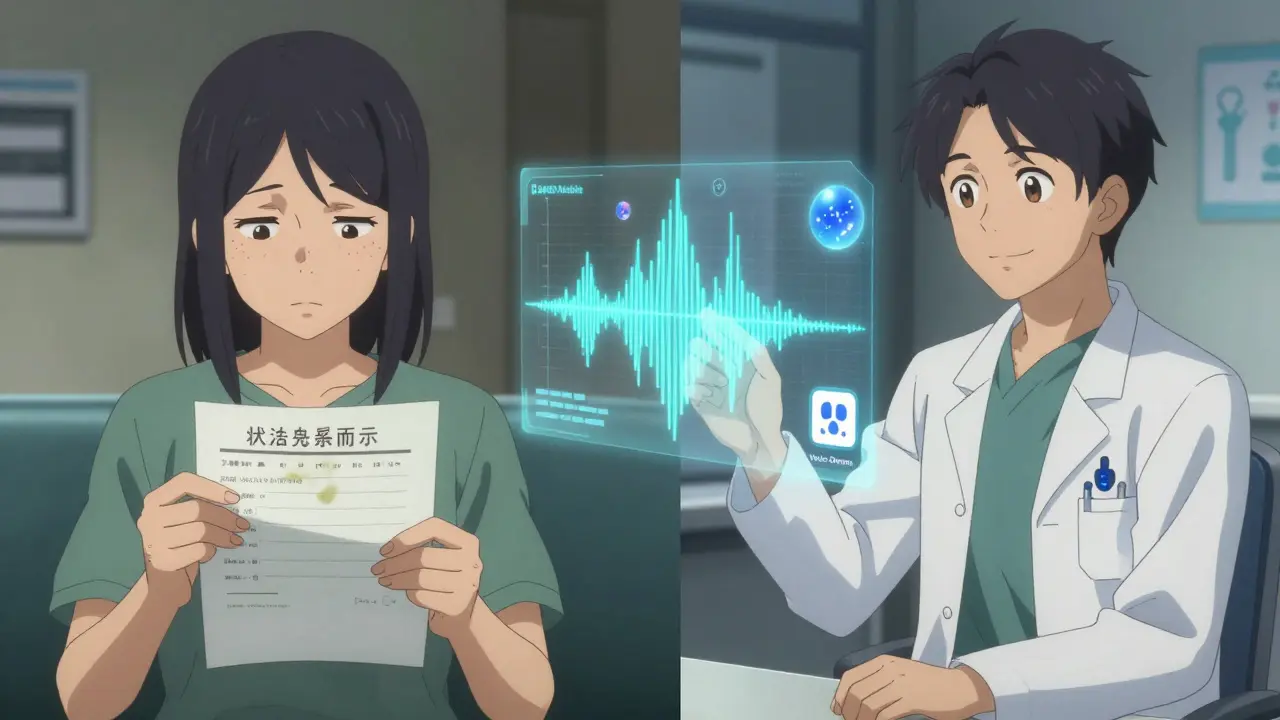 A split scene showing the transition from confusing paper medical documents to clear, projected audio health information with app icons.
