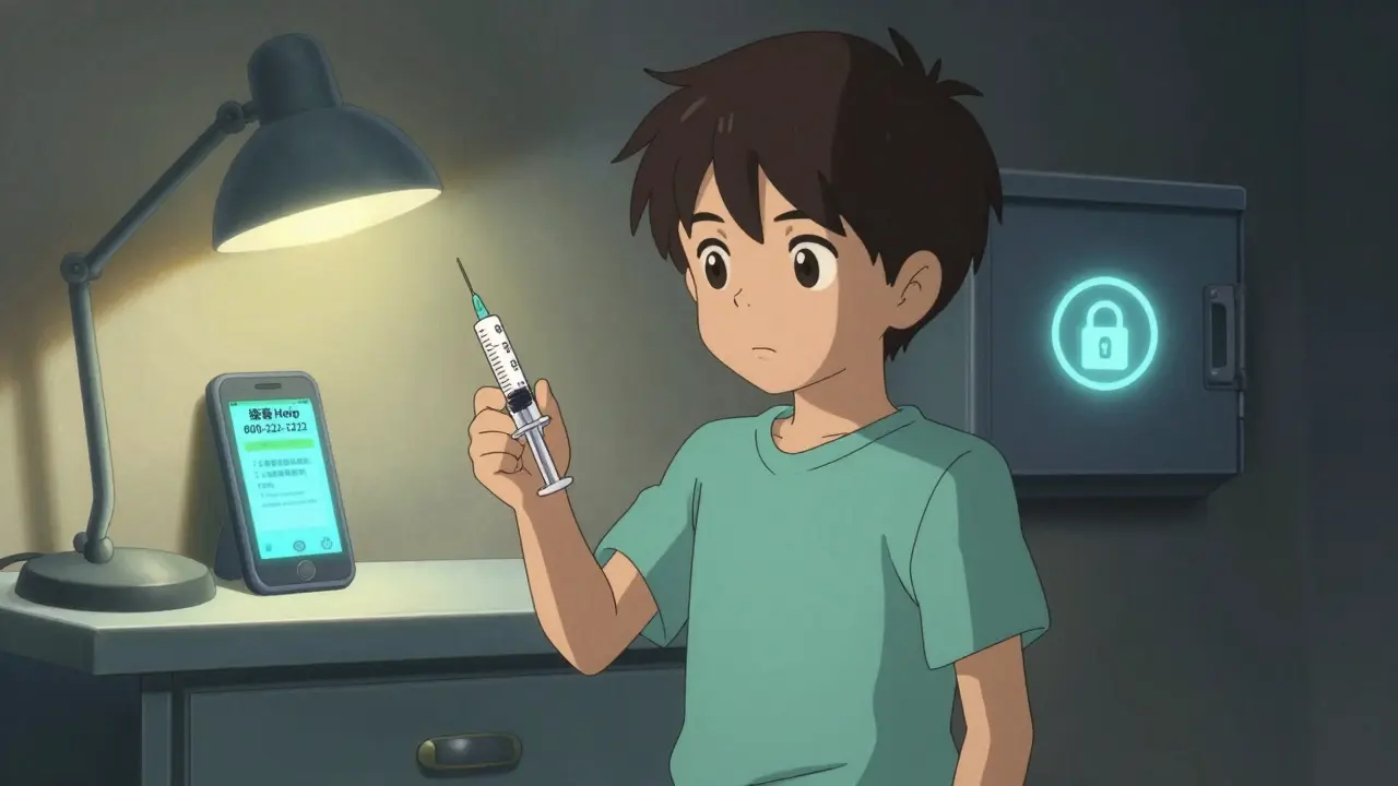 An 8-year-old checks a prescription label with an oral syringe, standing before a locked medicine cabinet.