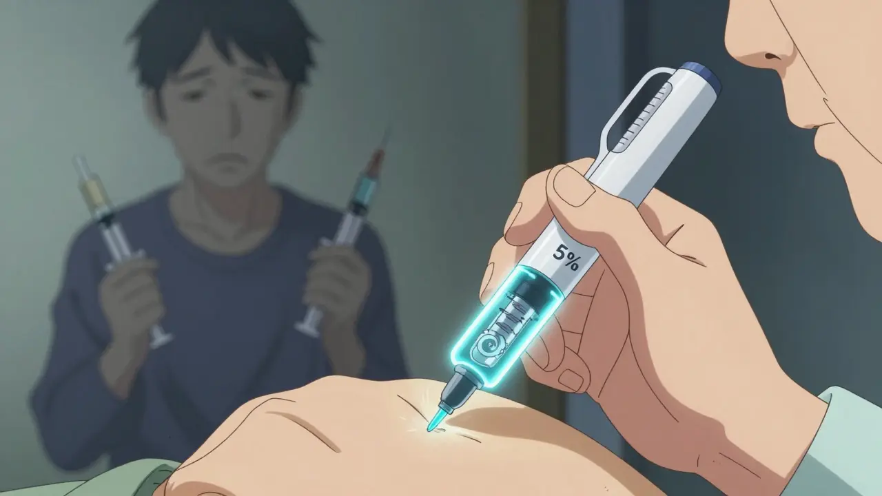 An elderly hand uses an insulin pen with a glowing internal mechanism showing precise dose delivery.