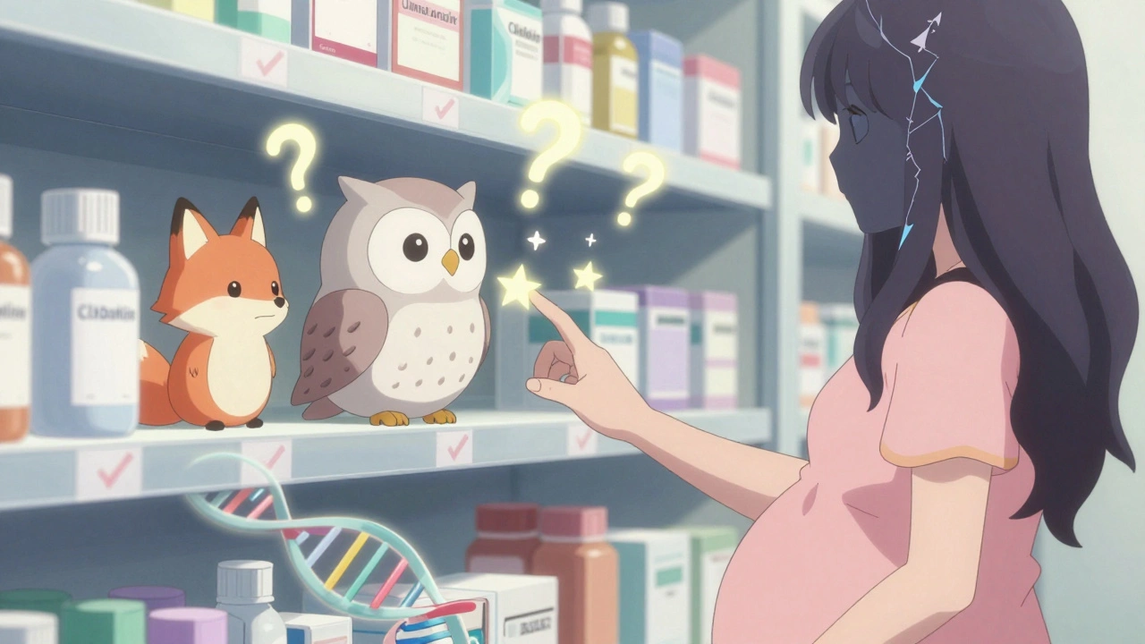 Anthropomorphic antibiotics on a shelf, safe ones glowing warmly as pregnant hand reaches for them, shadowy unsafe ones locked away.