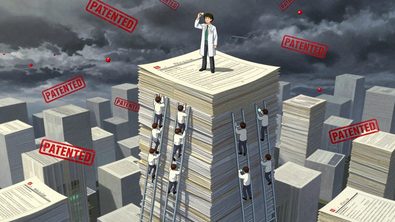 Corporate tower built of patents with generic pill workers climbing legal ladders below.