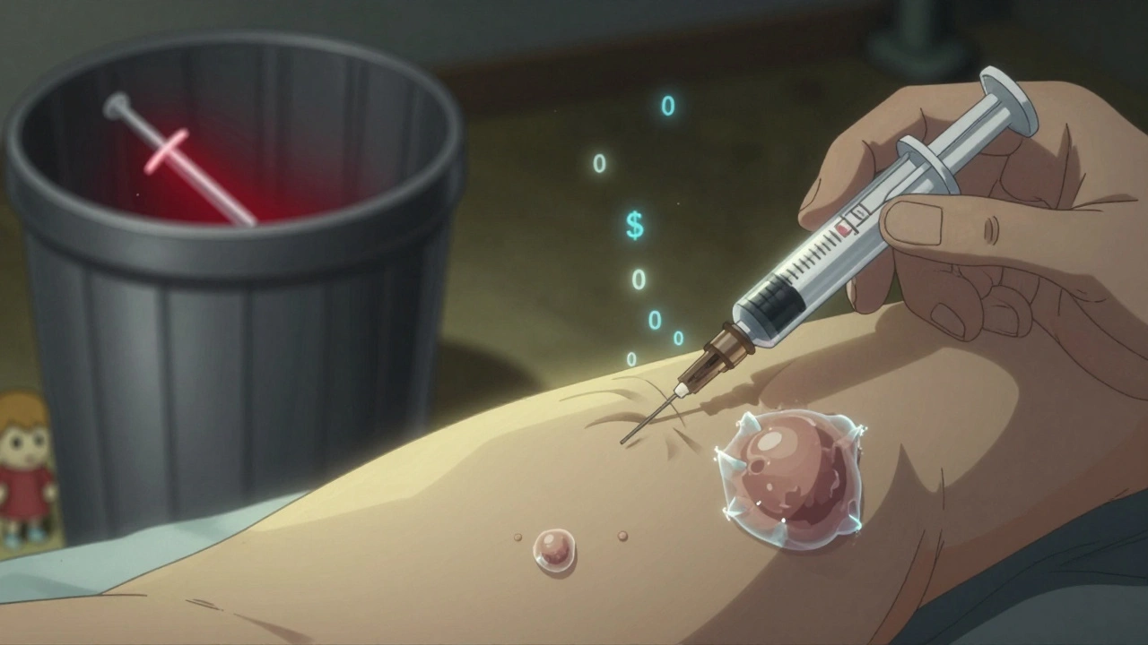 Diabetic injecting insulin with lumps forming under skin, discarded needle in trash beside a toy.