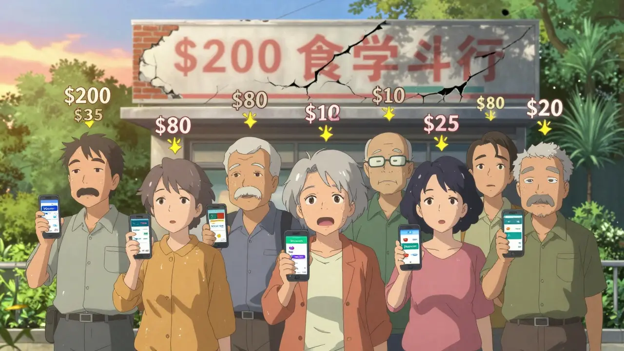 Diverse group in a park with falling price tags dropping from hundreds to low numbers on their phones.