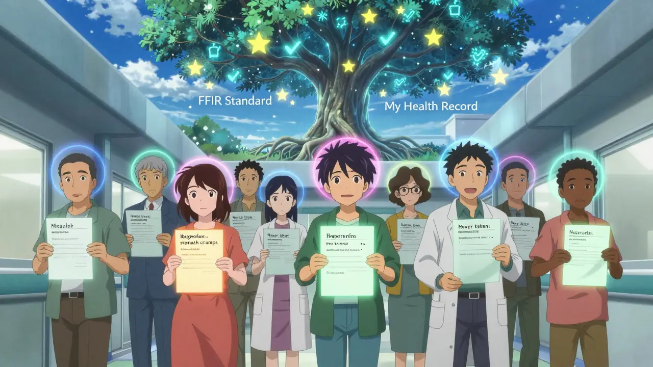 Diverse patients with glowing allergy lists under a digital tree representing health data standards.