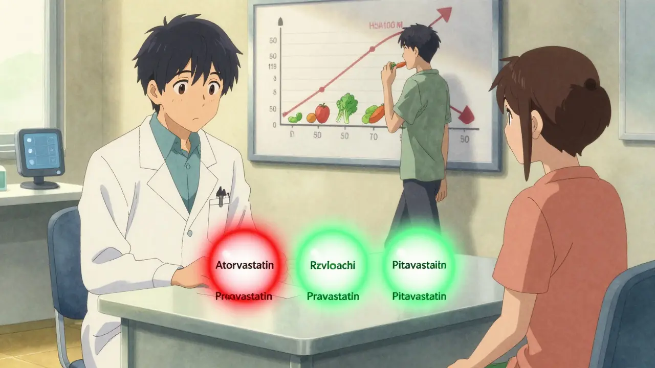 Doctor and patient beside glowing statin comparison chart, pravastatin glowing green, patient walking and eating vegetables.