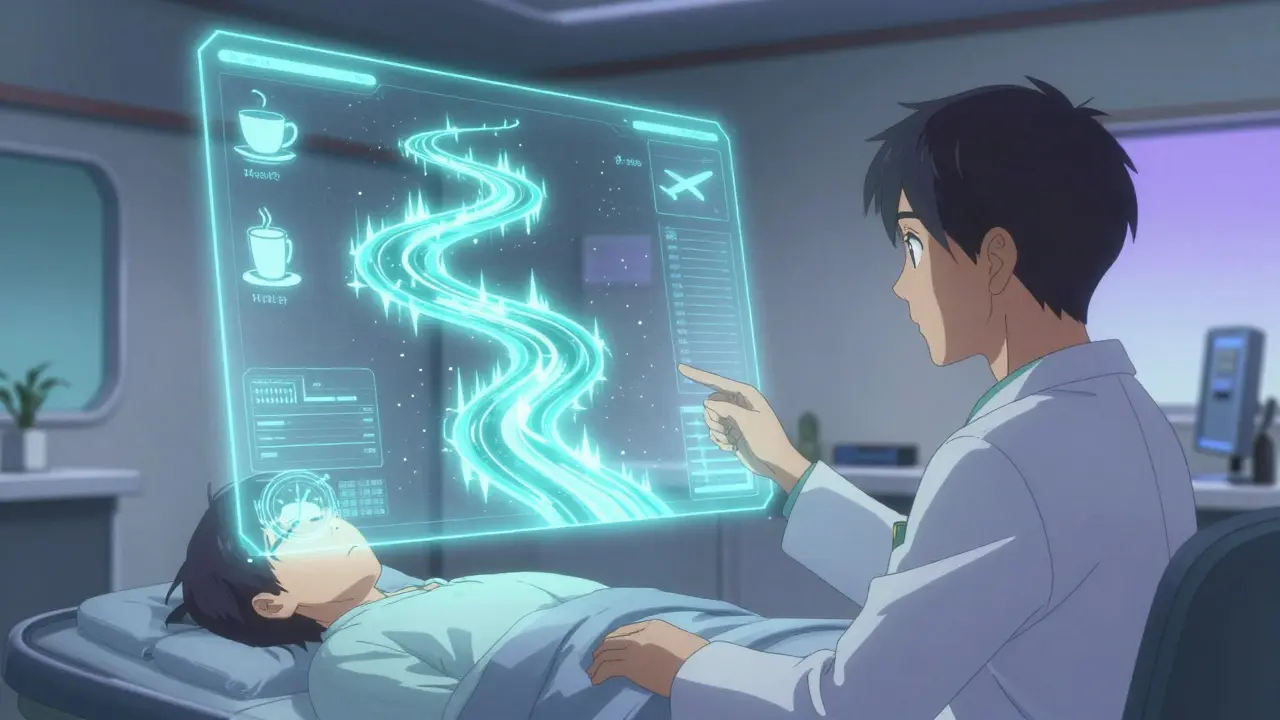 Doctor and patient viewing a holographic sleep data river in a futuristic clinic.