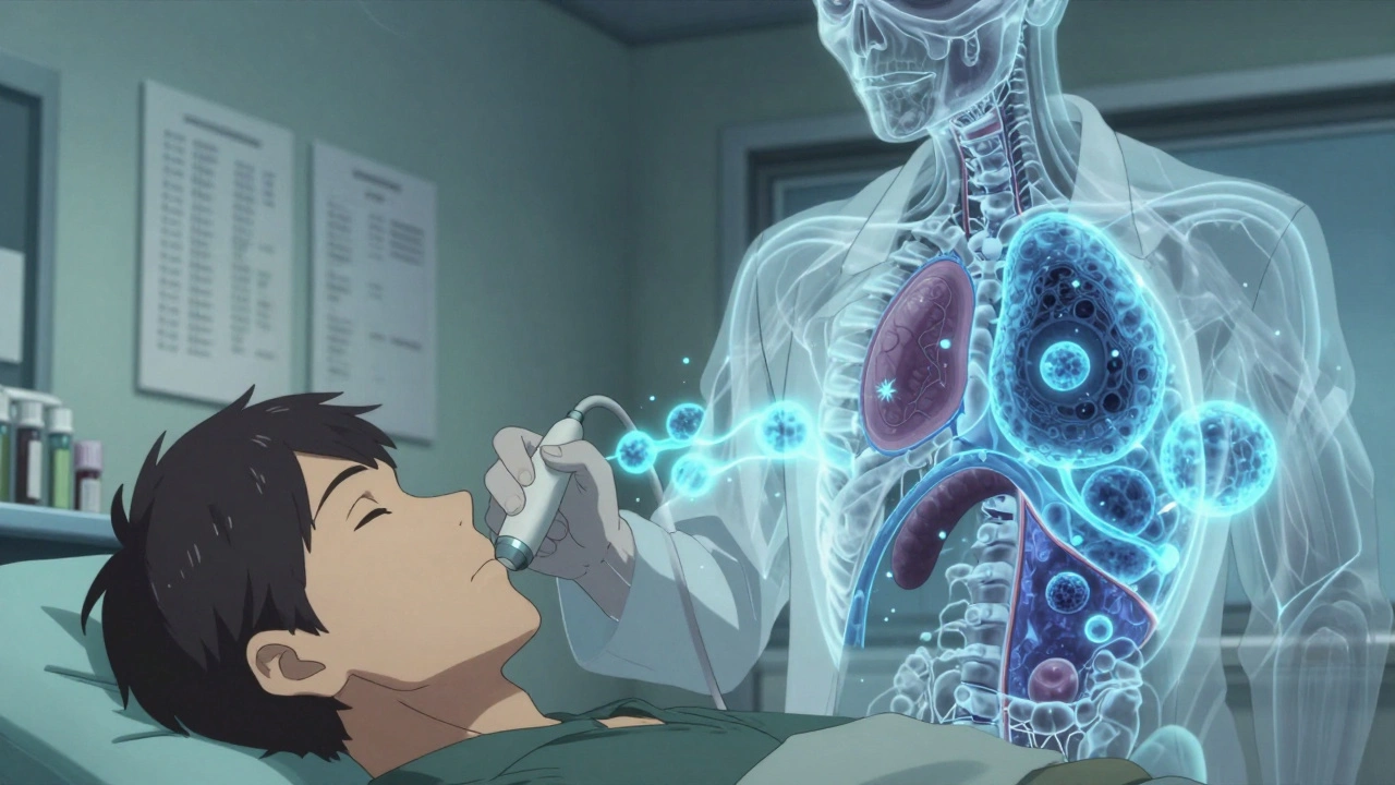 Doctor performing salivary gland ultrasound with glowing immune cells visible.