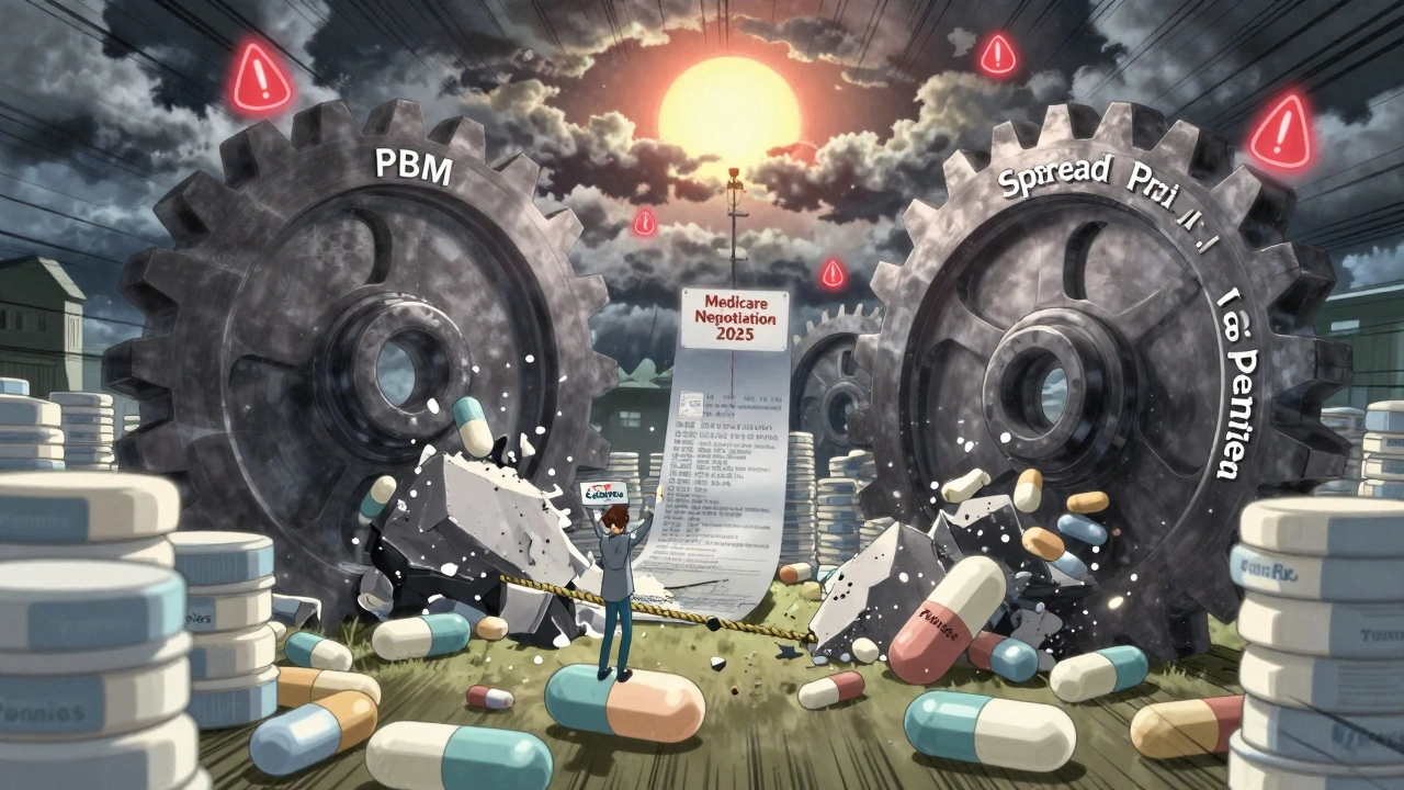 Generic pills crushed by PBM gears as patients climb transparency laws toward a sun of Medicare reform.