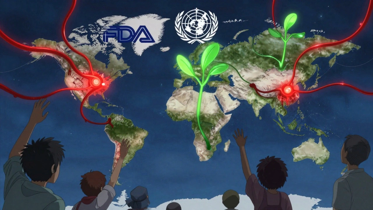Global map with patent vines choking medicine access, while generics grow in India and Brazil.