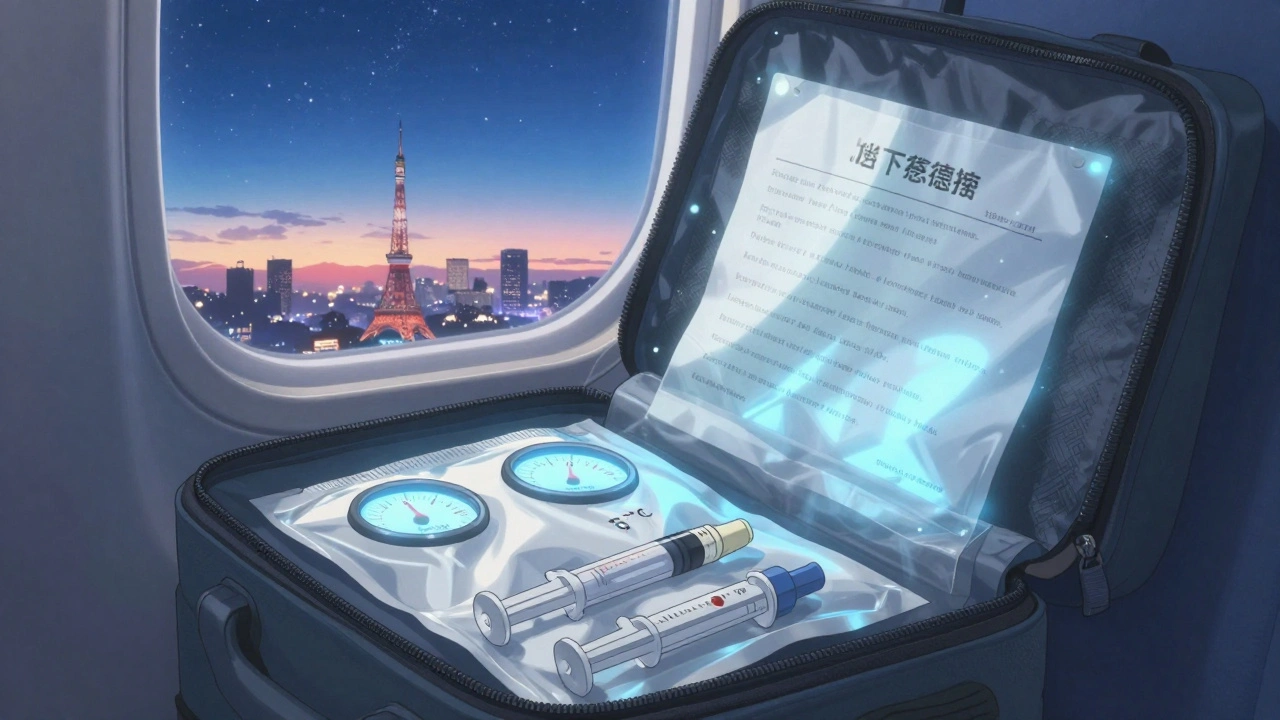 Insulin cooling pack in carry-on luggage during flight with temperature gauge