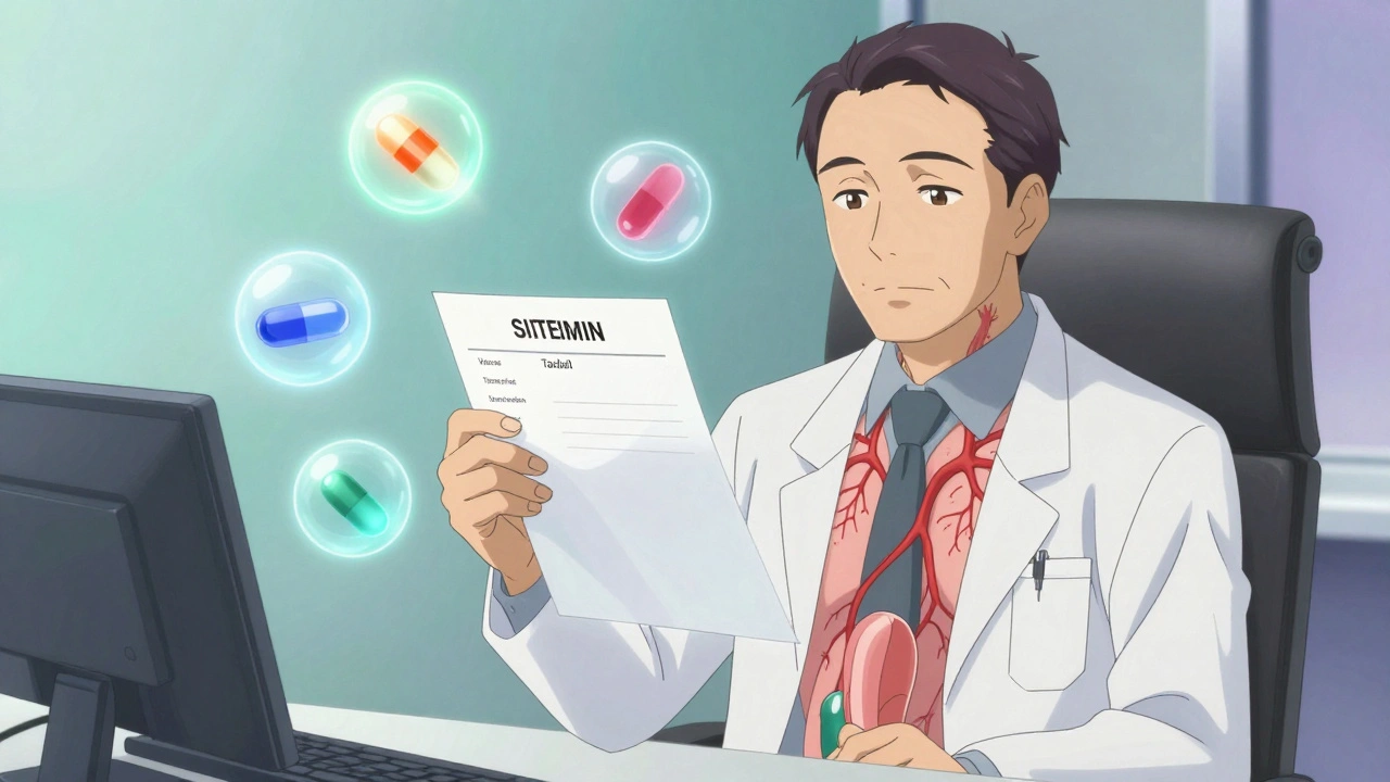 Man in doctor&#039;s office with transparent body showing blood flow, four colored ED pills floating nearby in soft light.