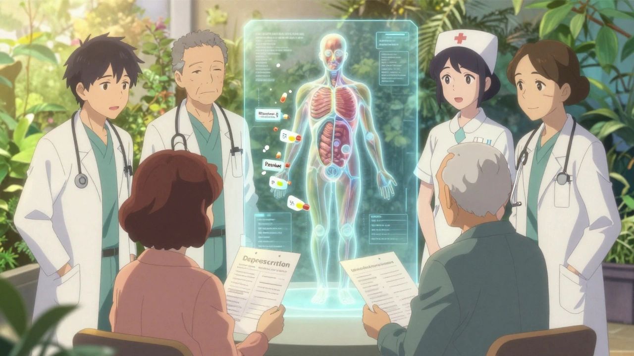 Medical team discussing deprescribing using a hologram of a human body with dissolving medication labels.